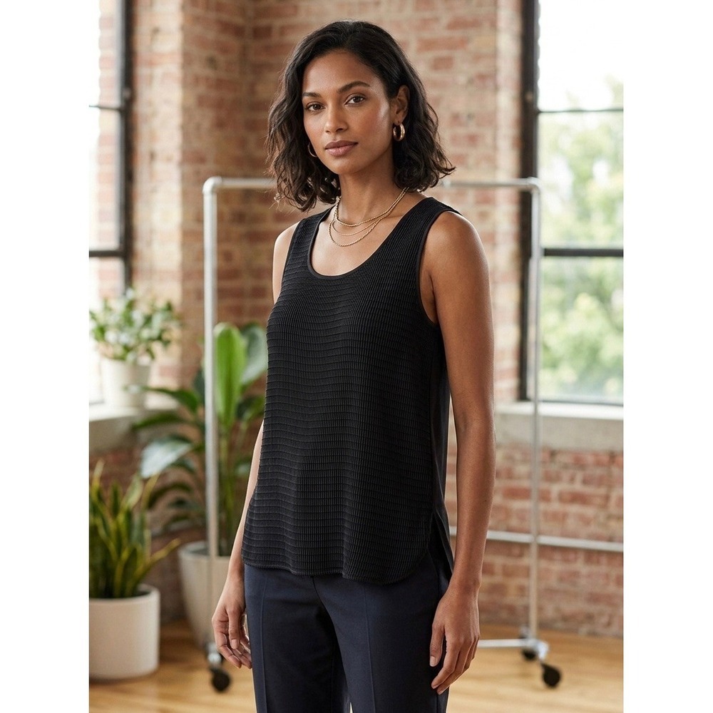 Lafayette 148 New York Womens Black Textured Ribbed Sleeveless Shell Top Small